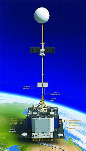 A Large Satellite Is Shown In A Blue Sky, With A Yellow Pole Supporting It
