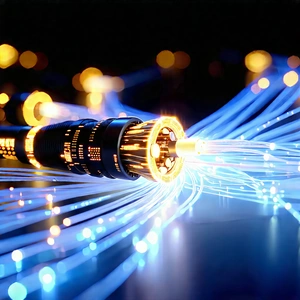Close-up Of Fiber Optic Cables With Blue Light