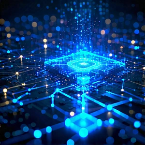 Blockchain Network Visualization With Blue, Glowing,