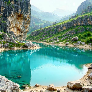 Nature Editorial Photography: Tranquil Pond Surrounded By Rocky Shores With Beautiful Blue