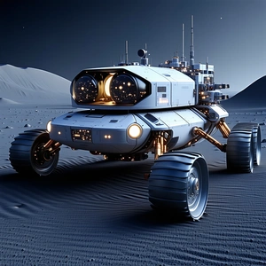 A Futuristic Vehicle Is Parked On A Rocky Surface, Possibly On The Moon