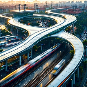 Urban Abstract Design: Aerial View Of Transportation Hub With Train Traveling