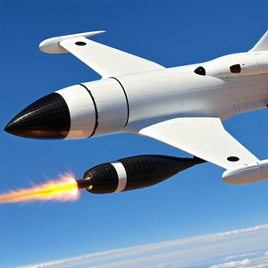 A White Jet Is Flying Through The Sky, With A Missile Attached To Its Side