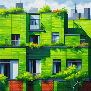 Urban Acrylic Painting: Urban loft with green rooftop