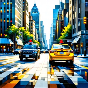 Urban Acrylic Painting: City rideshare in main avenue