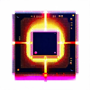 Tech Ink Drawing: Microchip With Neon Accents With Close-up Computer