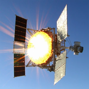 A Large, Shiny Satellite In The Sky, With A Bright Sun Shining On It