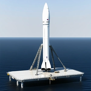 A Large White Rocket Ship Floating On A Platform In The Ocean