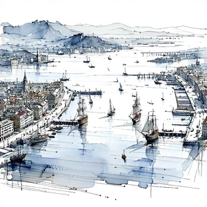 Urban Ink Drawing: Aerial View Of Harbor District With Watercolor Painting