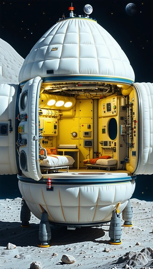 In The Image, There Is A Large White Spacecraft With A Hatch Open, Revealing A Cozy Interior