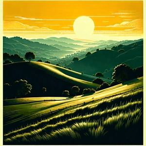 Nature Linocut Print: Rolling Hills During Golden Hour With Painting Beautiful