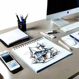Business Pencil Sketch: Workplace With Productivity Tools On Desk With Computer Desk