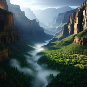 Nature 3D Render: (mist:1.23) over canyon floor