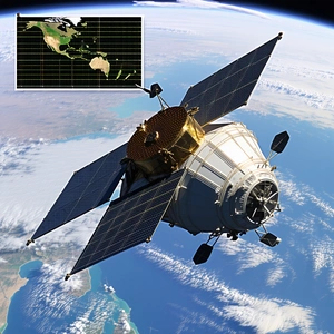 A Spacecraft Is Flying Over The Earth, With Its Large Satellite Dish Facing The Camera