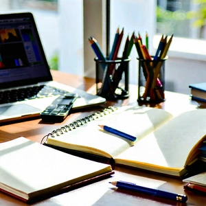 Business Blender Artwork: Workplace with notebooks and pens on desk