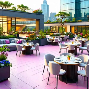 Urban 3d Render: Rooftop Garden With Outdoor Dining With Large Outdoor