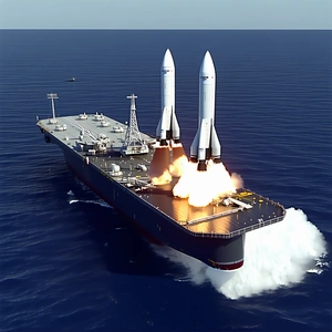 A Large Ship With Two Rockets On Its Deck