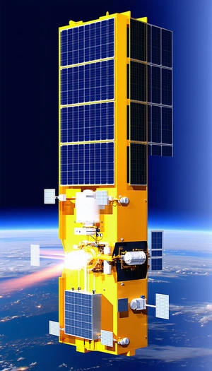 A Yellow Spacecraft With A Solar Panel On Its Side, Flying Through The Sky