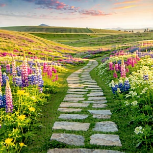Nature Architectural Photography: Path Through Flowering Meadow With Beautiful, Colorful