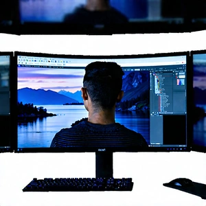 Business Hdr Photography: Education professional using multiple monitors
