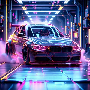 Automotive Technology In Manufacturing Facility With Futuristic City