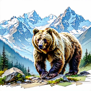 Nature Blueprint Style: Bear In Mountain Terrain With Large Brown
