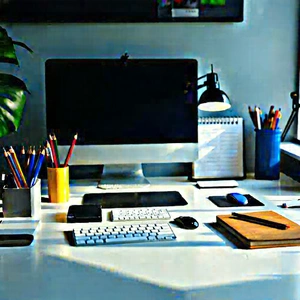 Business Vector Art: Workplace with (digital:1.47) devices on desk