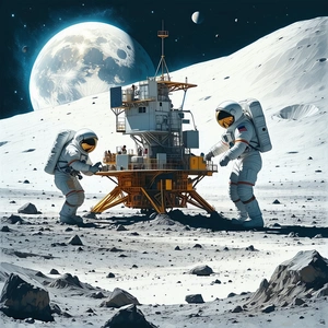 In The Image, There Are Two Astronauts Standing On The Moon, Working On A Space Station