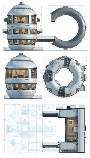 The Image Is A Collection Of Four Different Views Of A Futuristic Space Station