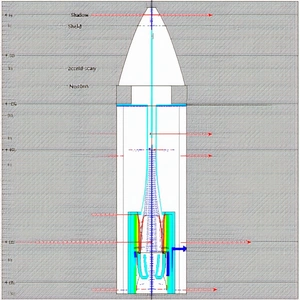 A White Rocket Is Shown In A Drawing, With A Red Line Going Through The Center Of It