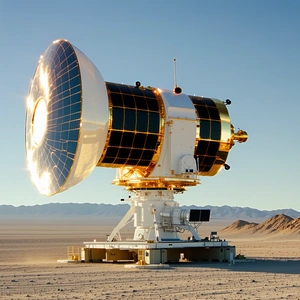 A Large, White Satellite Dish With A Gold Rim, Sitting On A Dirt Field