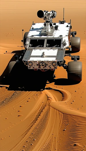 A Large, Four-wheeled Vehicle Driving Across A Sandy Terrain