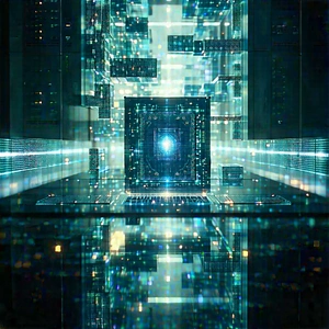Quantum Computer With Digital Particles With Futuristic Cityscape