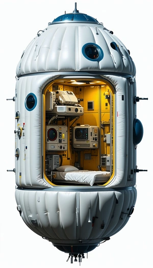 A Small, White, Inflatable Space Station With A Bed Inside