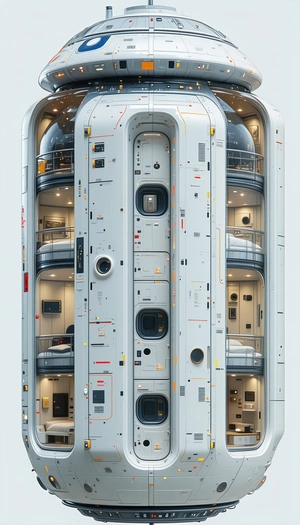 A Large White Spacecraft With A Spiral Staircase Leading To The Top Of The Ship