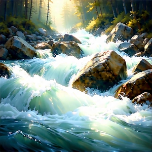 Nature Acrylic Painting: Rushing River Surrounded By Rocky Shores With Beautiful Waterfall