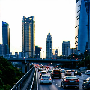Urban Commercial Photography: Cityscape Of Urban Skyline During Rush Hour With Busy Highway