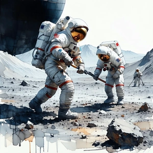 In The Image, There Are Two Astronauts Standing On A Rocky Surface, Possibly On The Moon