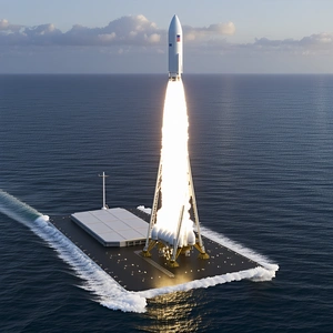 A Large Rocket Ship Is Being Launched From A Boat In The Ocean