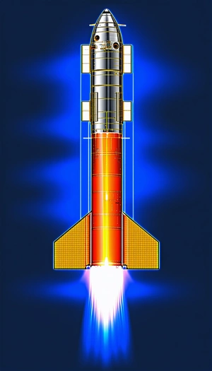 A Rocket Is Shown In A Blue Background, With A Yellow Line Indicating The Rocket's Length