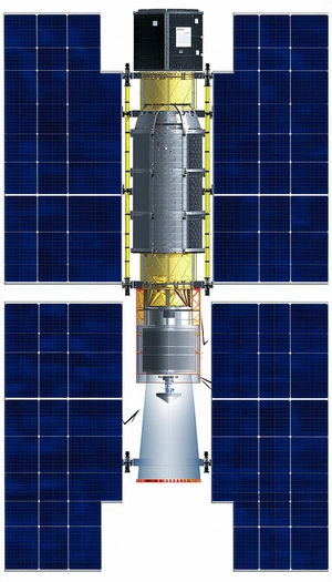 A Large Satellite Is Shown In A White And Blue Drawing
