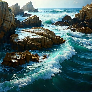 Nature Matte Painting: Ocean waves surrounded by rocky shores