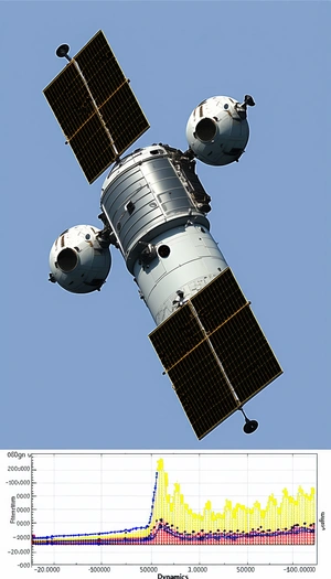 A Spacecraft Is Flying Through The Sky, With A Satellite Dish On The Bottom Of The Spacecraft