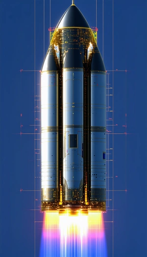 A Large Rocket Ship Is Shown In A Blue Sky, With A Gold And Black Color Scheme