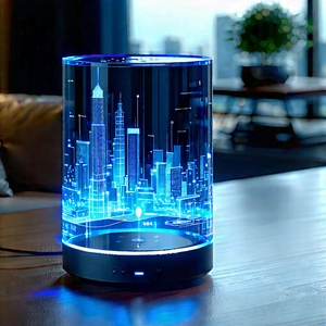 Smart Home Device With Data Visualization With Futuristic Cityscape