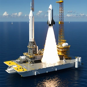 A Large Space Shuttle Docked On A Floating Platform In The Ocean