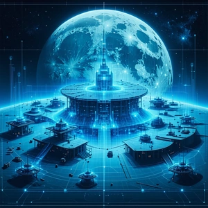 The Image Is A Futuristic Cityscape With A Large, Round Building At Its Center