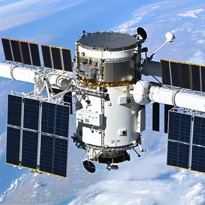 A Space Shuttle Is Flying Through The Sky, With Its Solar Panels Open