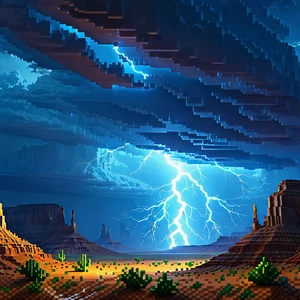 Nature Voxel Art: Lightning Over Desert With Computer-generated (cgi)