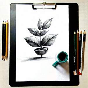 Business Charcoal Drawing: Workplace With Productivity Tools On Desk With Drawing Leaf